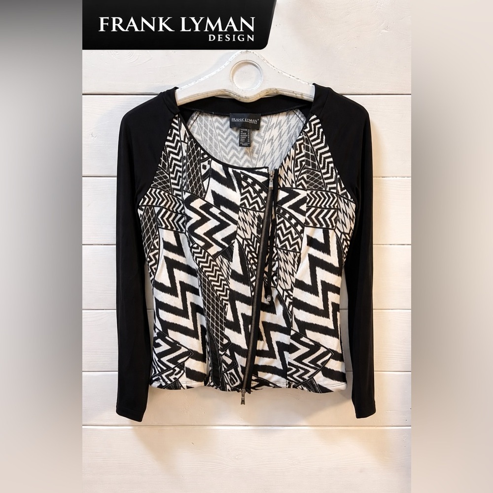 FRANK LYMAN Black & White Geometric Zip Jacket Size 12